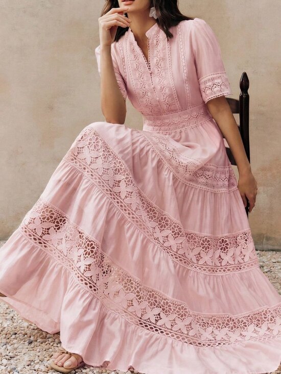 Dresses & Skirts - Dusty Pink Boho Women's Lace Crochet Short Sleeve Flared Dress
